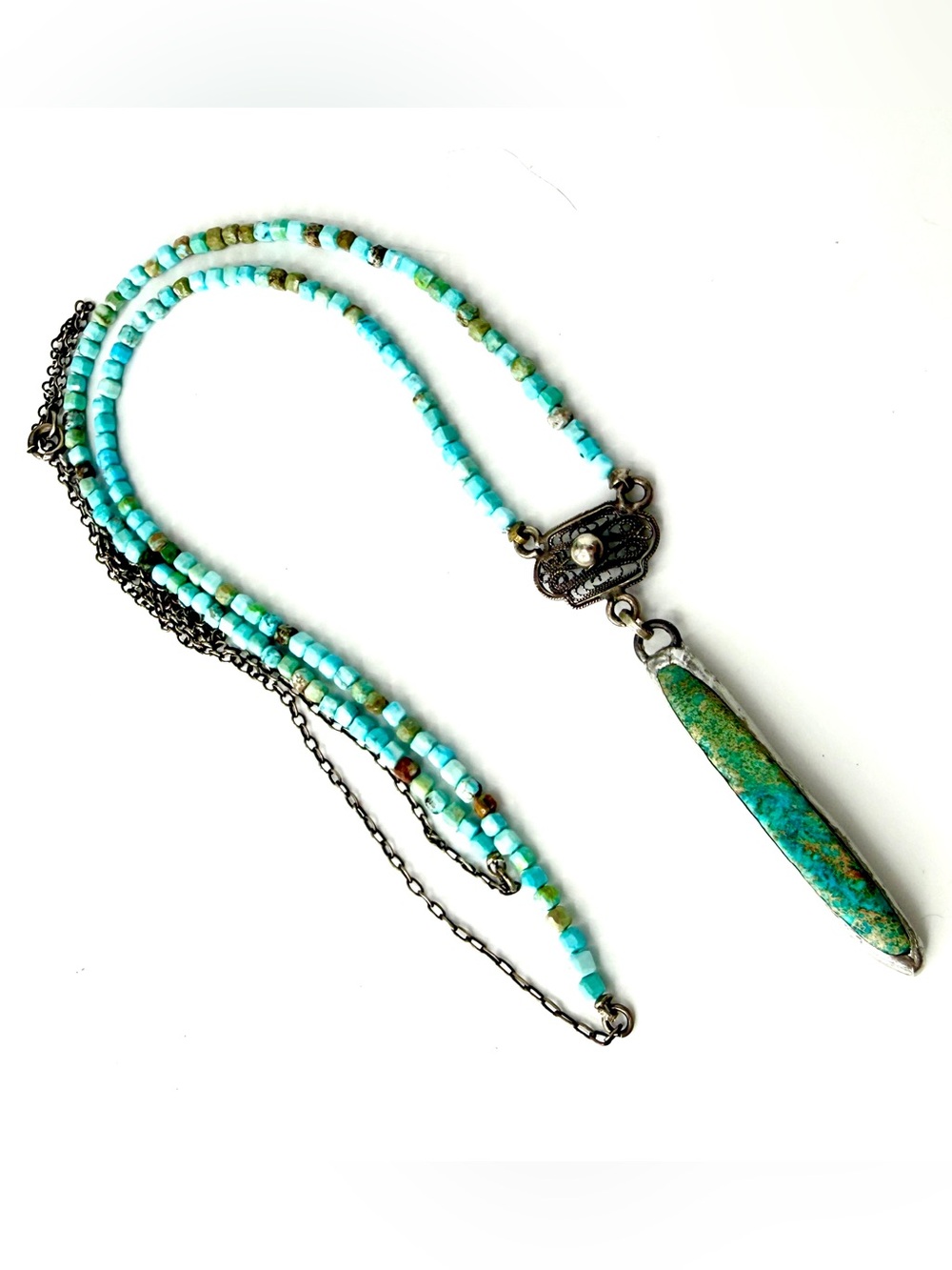 Long Turquoise Necklace, Hand Soldered Turquoise Pendant, Vintage Sterling Silve